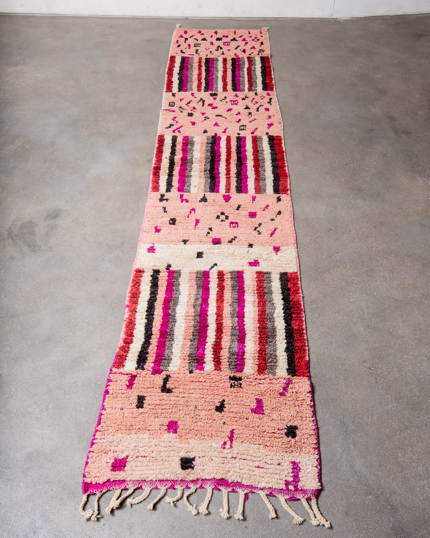 Modern, designer, handcrafted Berber runner rug from Morocco. Vintage carpet with beautiful colours and patterns and fluffy texture.